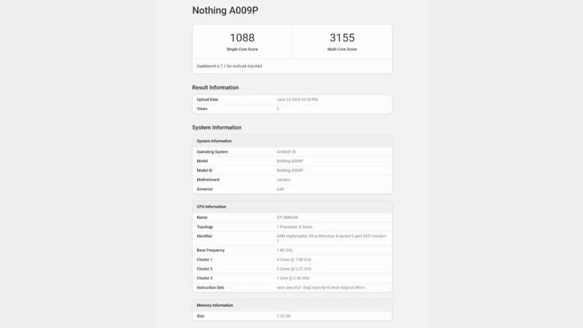 Nothing Phone (4b) đạt điểm số khá ấn tượng: 1,088 điểm đơn nhân, 3,155 điểm đa nhân