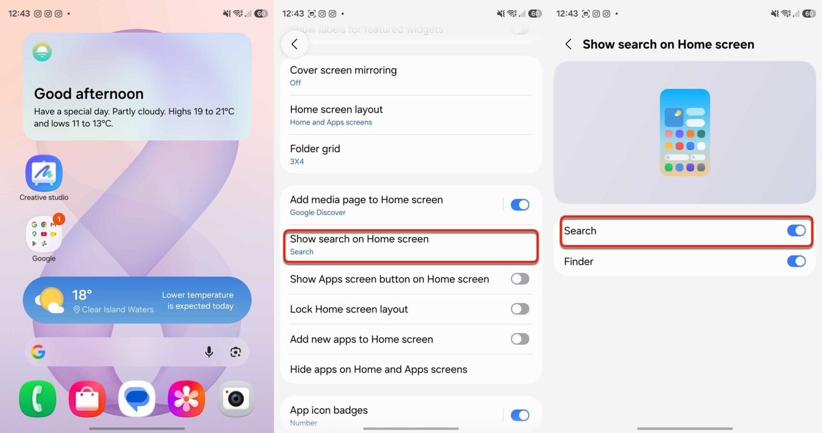 Trình cài đặt One UI Home cho phép người dùng bật tắt thanh tìm kiếm Google Search một cách dễ dàng