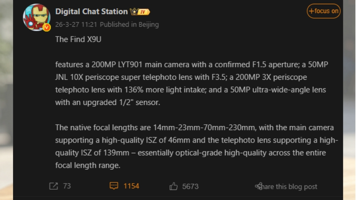 Find X9 Ultra sử dụng chung cảm biến Sony LYT-901 200MP tương tự đối thủ vivo X300 Ultra