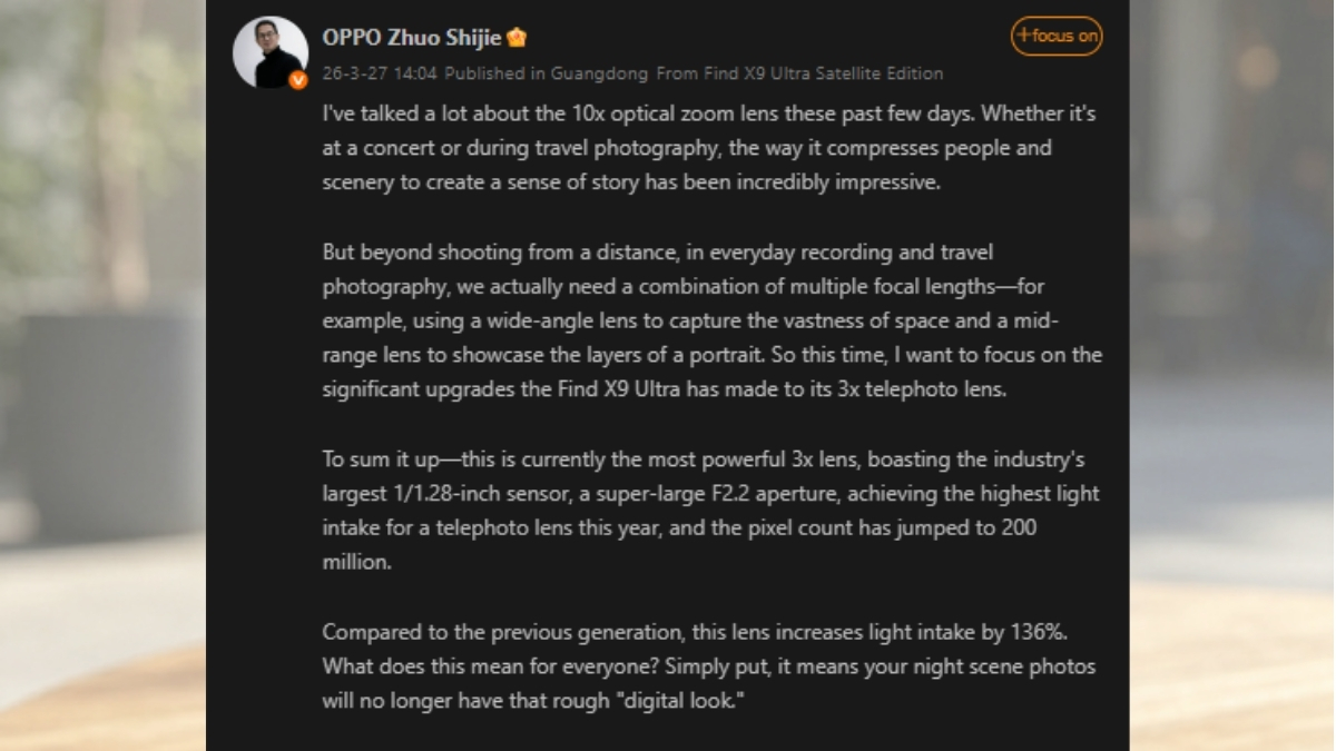 Giám đốc OPPO xác nhận Find X9 Ultra sẽ được trang bị cảm biến tiềm vọng 200MP lớn nhất thị trường