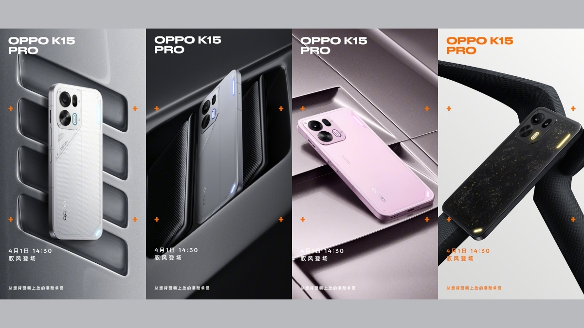 Bốn tùy chọn màu sắc OPPO K15 Pro: Cyber Wings, Origin Gray, Light Dust Pink và Golden Legend