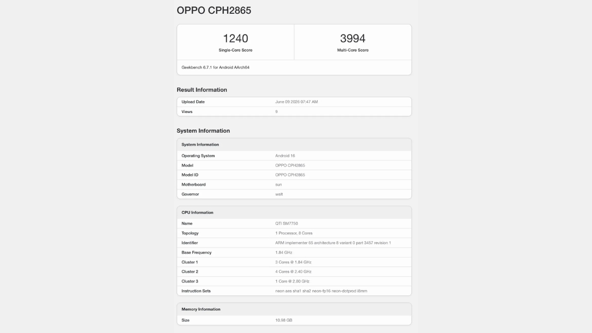 Điểm geekbench rò rỉ được cho là của phiên bản OPPO Reno 16 quốc tế