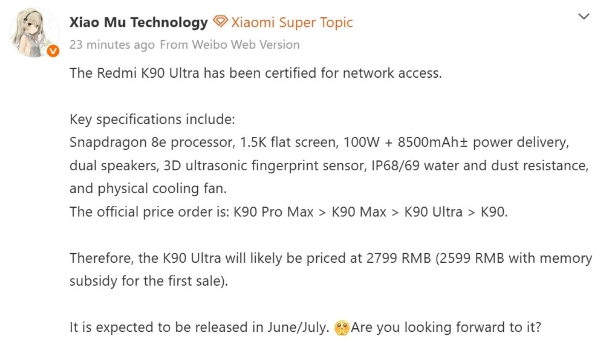 Thông số phần cứng và phân khúc giá rò rỉ của chiếc Redmi K90 Ultra