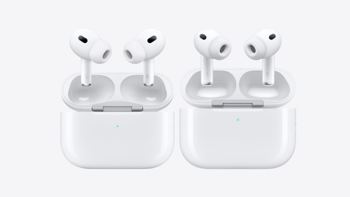 H‌ình ảnh tai nghe và hộp sạc AirPods Pro‌ 2 (bên trái) và ‌AirPods Pro 3‌ (bên phải).