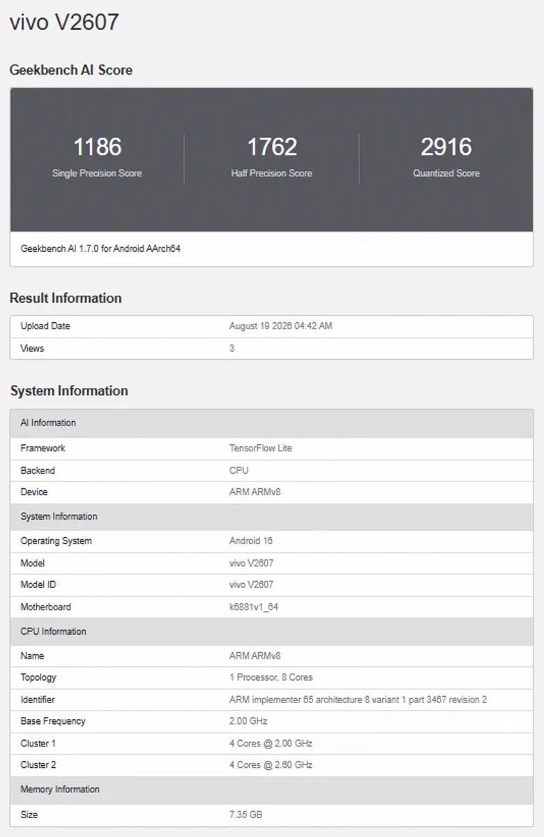 Thông số hiệu năng của vivo V2607 rò rỉ trên Geekbench AI với chip Dimensity 7500