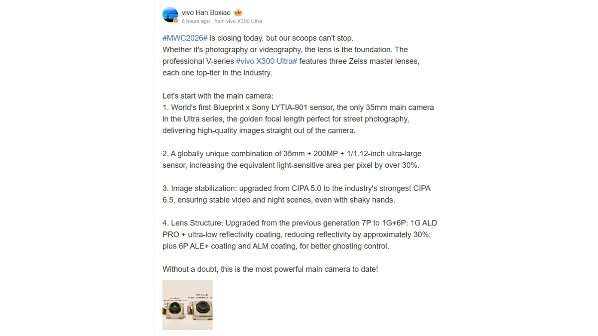 Giám đốc điều hành vivo xác nhận X300 Ultra sẽ sở hữu cảm biến 200MP Sony LYTIA-901 mới