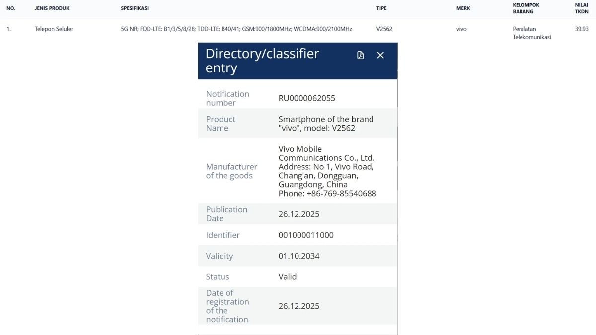 Chứng nhận của mẫu điện thoại có mã hiệu V2562 tại EEC và TKDN được cho là của vivo X300 Ultra