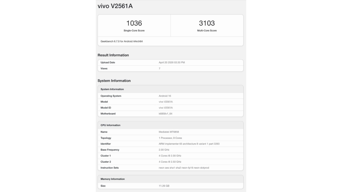 vivo Y600 Pro đạt 1,036 điểm chuẩn đơn nhân và 3,103 điểm chuẩn đa nhân trên Geekbench