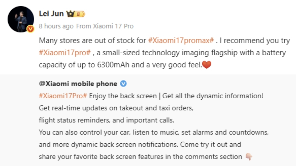Bài đăng của CEO Lei Jun trên mạng xã hội về Xiaomi 17 Pro Max và Xiaomi 17 Series