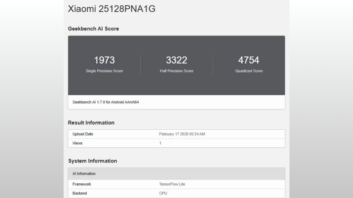 Điểm số của Xiaomi 17 Ultra Leica Edition quốc tế vừa lộ diện trên Geekbench AI