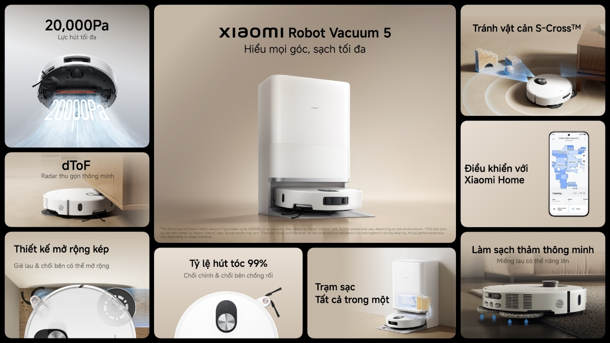 Xiaomi Robot Vacuum 5 Series với lực hút siêu mạnh 20,000Pa
