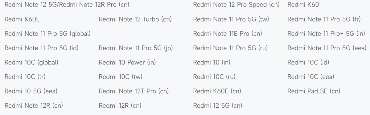 Giao diện danh sách thiết bị ngưng hỗ trợ phần mềm cập nhật trên trang chủ của Xiaomi