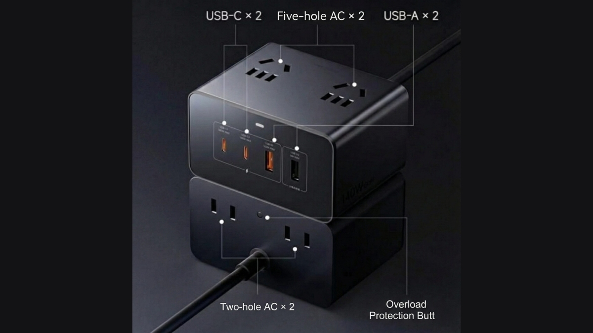 Xiaomi Desktop Charging Station 140W cung cấp 2 cổng USB-C, 2 cổng USB-A và 4 ổ AC truyền thống