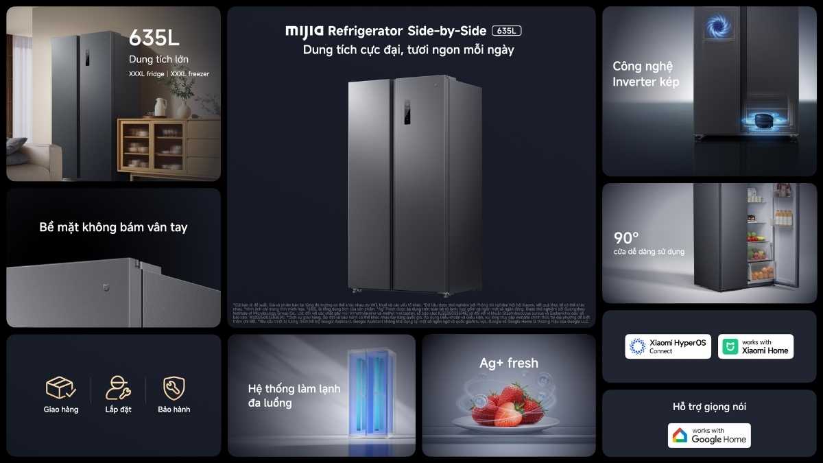 Mijia Side-by-Side 635L siêu to với Dual Inverter và công nghệ diệt khuẩn Ag+ Fresh