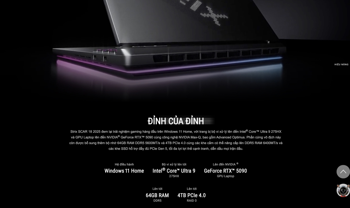 Điểm nhấn về hiệu năng của ROG Strix SCAR 18 2025