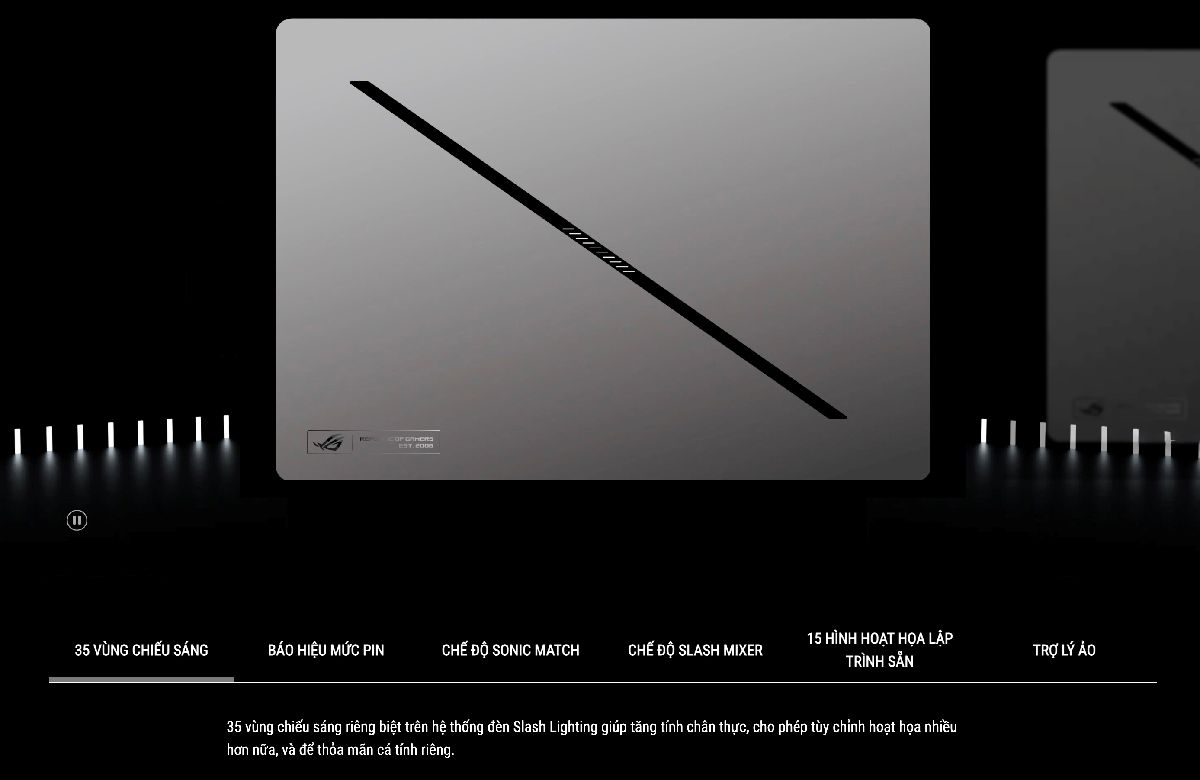 Dải đèn Slash Lightning trên ROG Zephyrus G16 2026 (bên trái) có đa dạng hiệu ứng phát sáng kèm bề mặt được làm dạng gương phản chiếu và giấu các đường rãnh cắt so với bản 2025