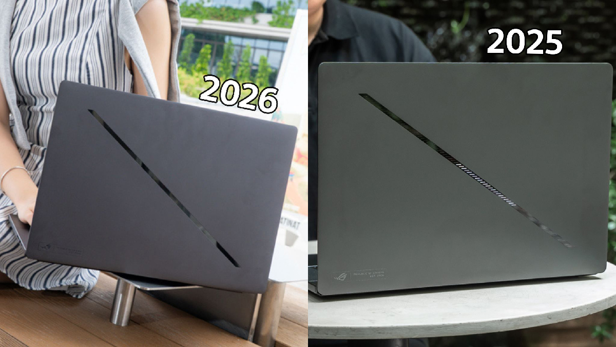ASUS Zephyrus G16 2026 (bên trái) có những thay đổi đáng chú ý so với tiền nhiệm ROG Zephyrus G16 2025 (bên phải)