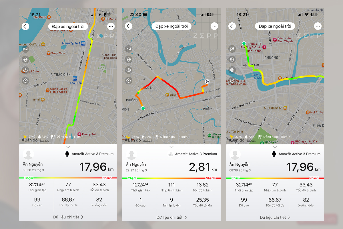 Amazfit Active 3 Premium vẫn vẽ lại tracklog rất đều và đẹp với tỉ lệ sai lệch thấp dù chỉ trang bị GPS băng tần đơn