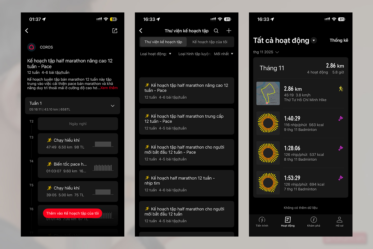 Các kế hoạch tập luyện kèm các bài tập trên Coros Apex 4
