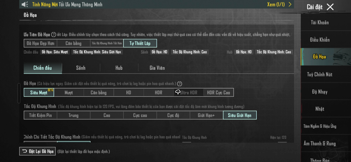Cấu hình game PUBG Mobile trong bài test hiệu năng của Exynos 2600