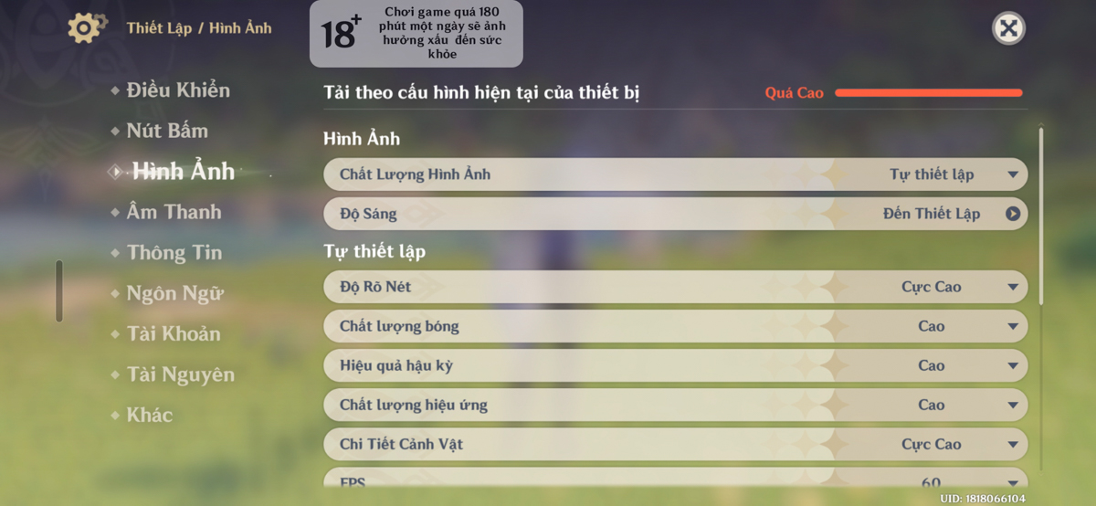 Cấu hình game Genshin Impact trong bài test hiệu năng của Exynos 2600
