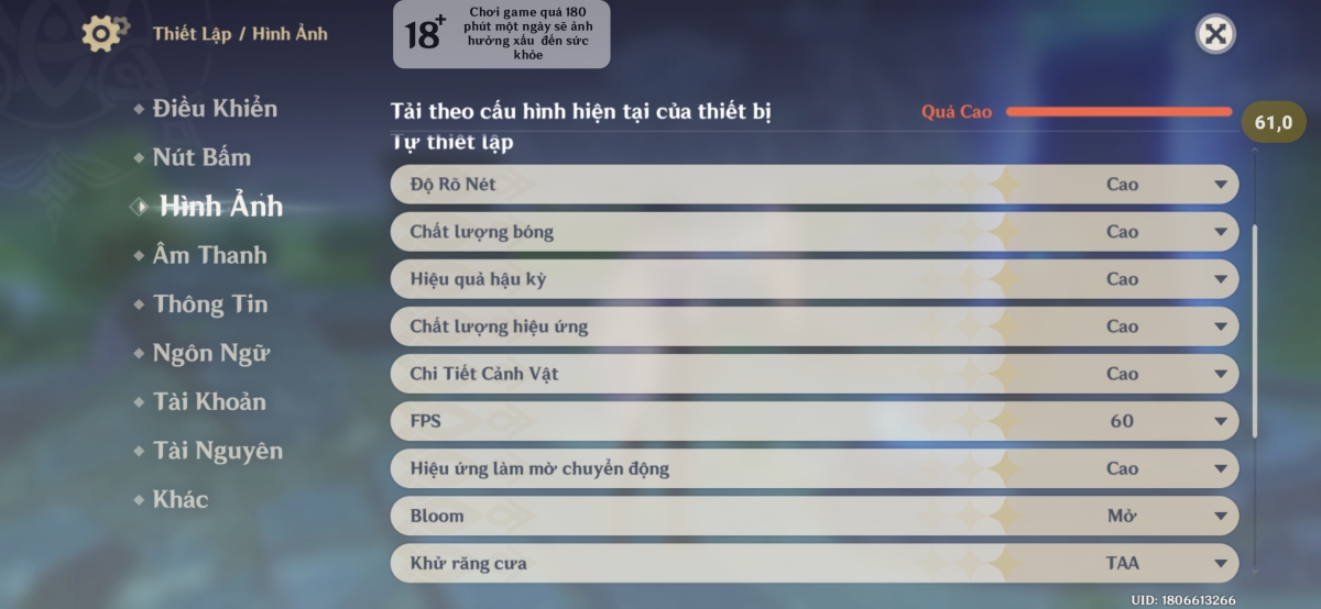 Cấu hình của Genshin Impact trên Xiaomi 15T Pro