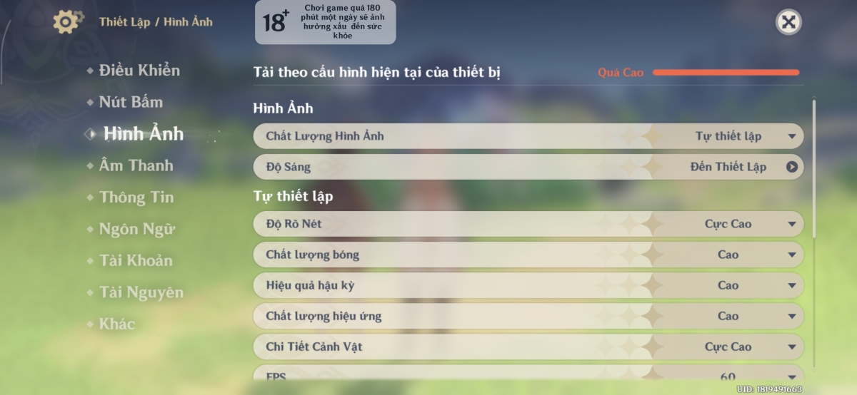 Cấu hình của Genshin Impact trên Xiaomi 15T