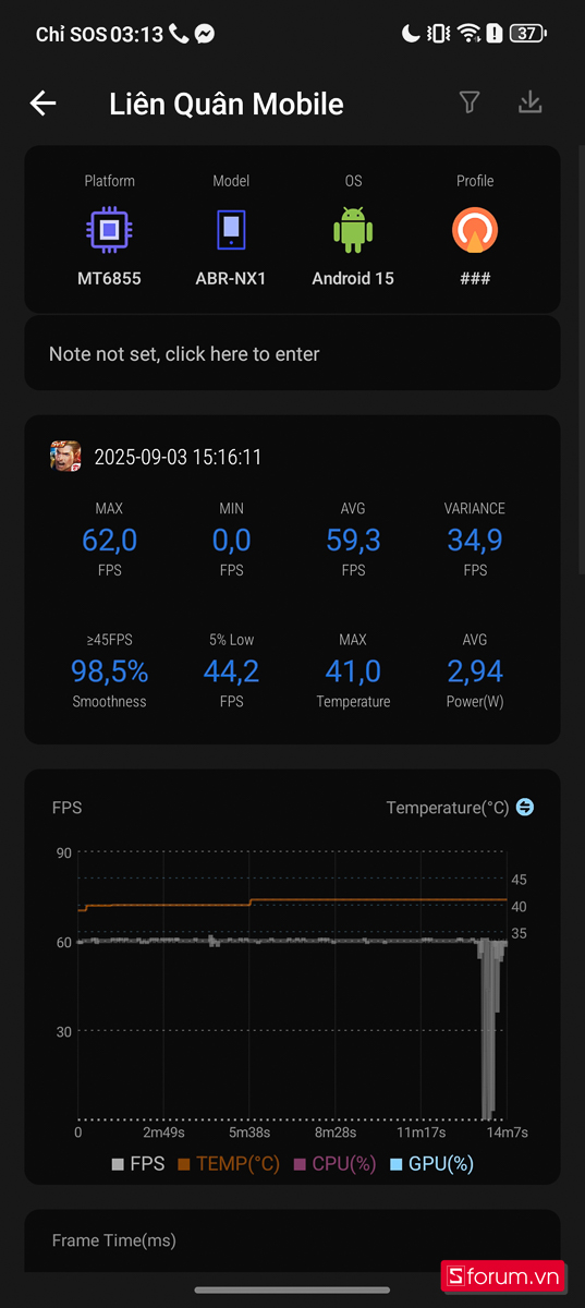 Kết quả đo hiệu năng HONOR 400 Lite khi chơi Liên Quân Mobile