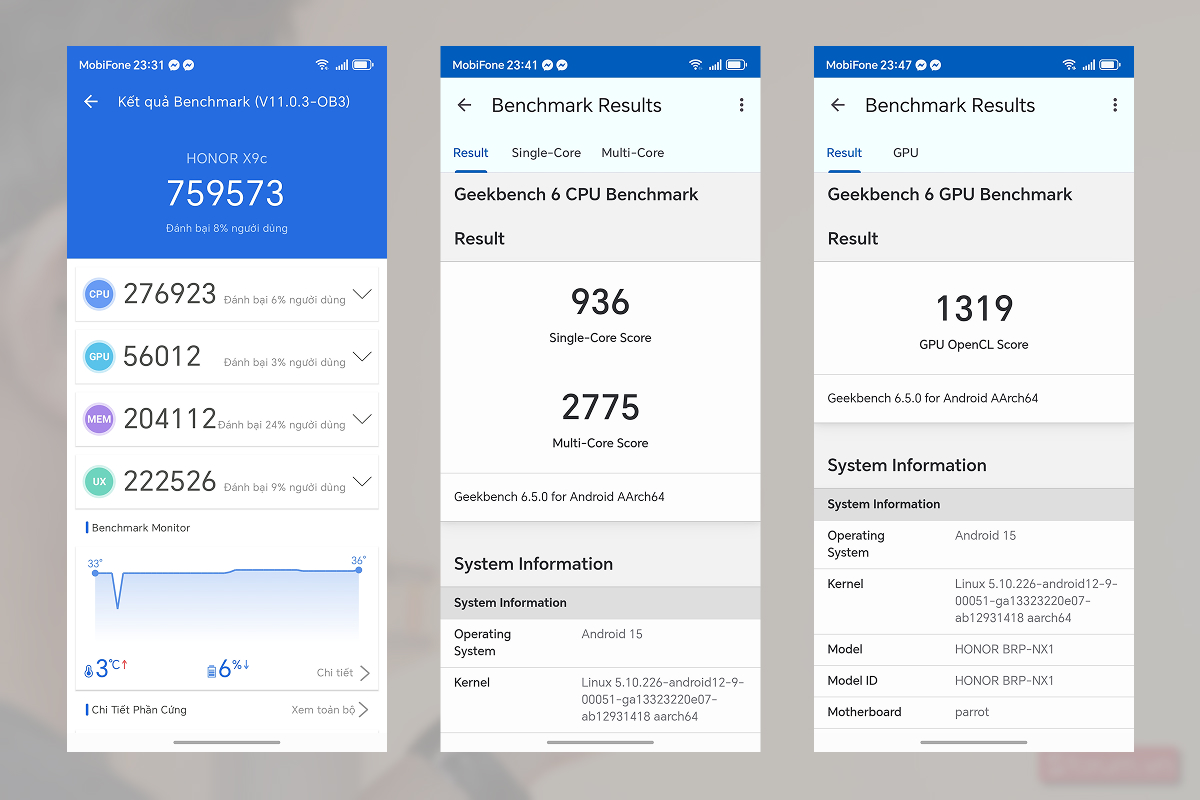Điểm Antutu và Geekbench 6 của HONOR X9c