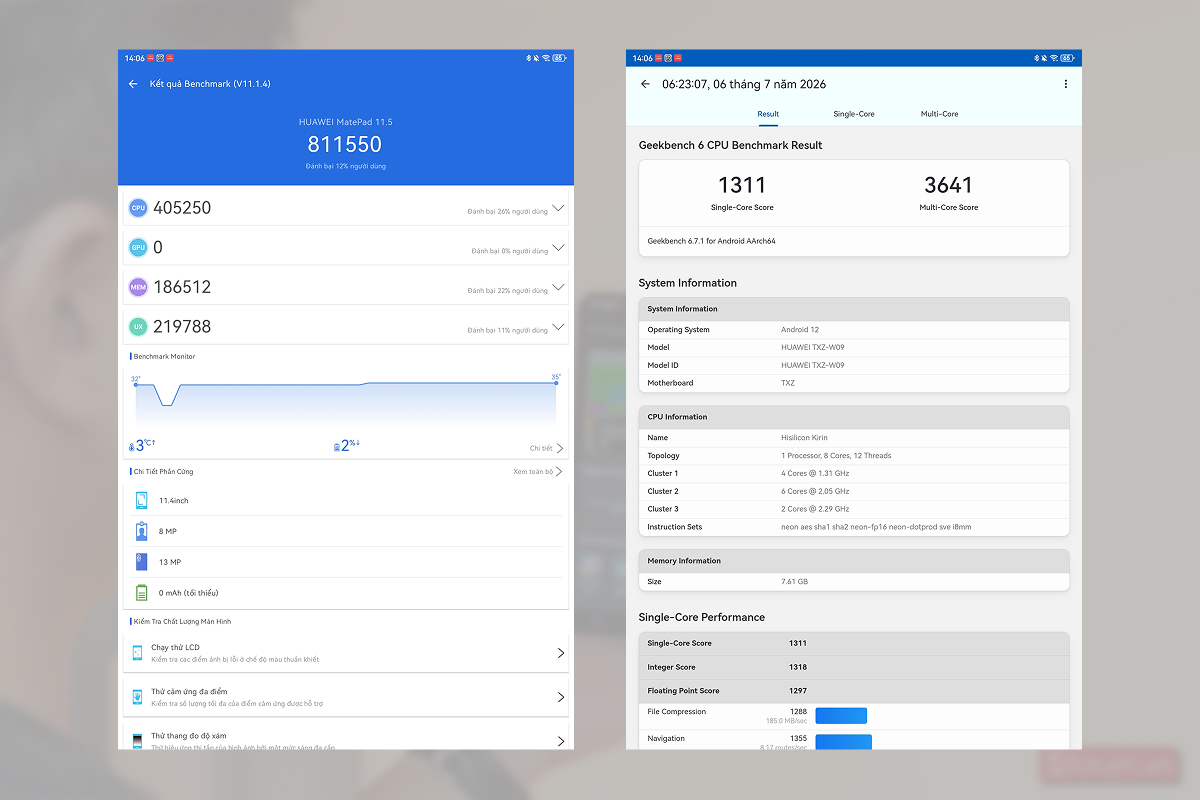 Điểm Antutu và Geekbench 6 trên Huawei MatePad 11.5