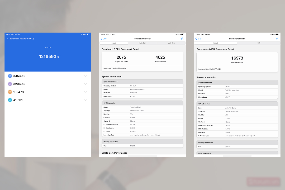 Điểm Antutu và Geekbench 6 trên iPad 10.9 inch 2022