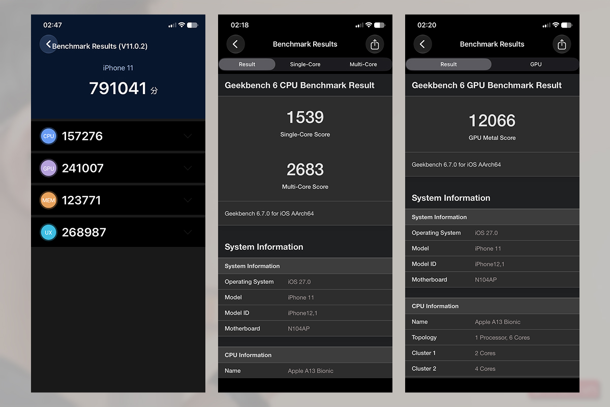Điểm Antutu Benchmark và Geekbench 6 trên iPhone 11