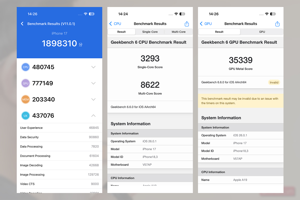 Điểm Antutu và Geekbench 6 trên iPhone 17