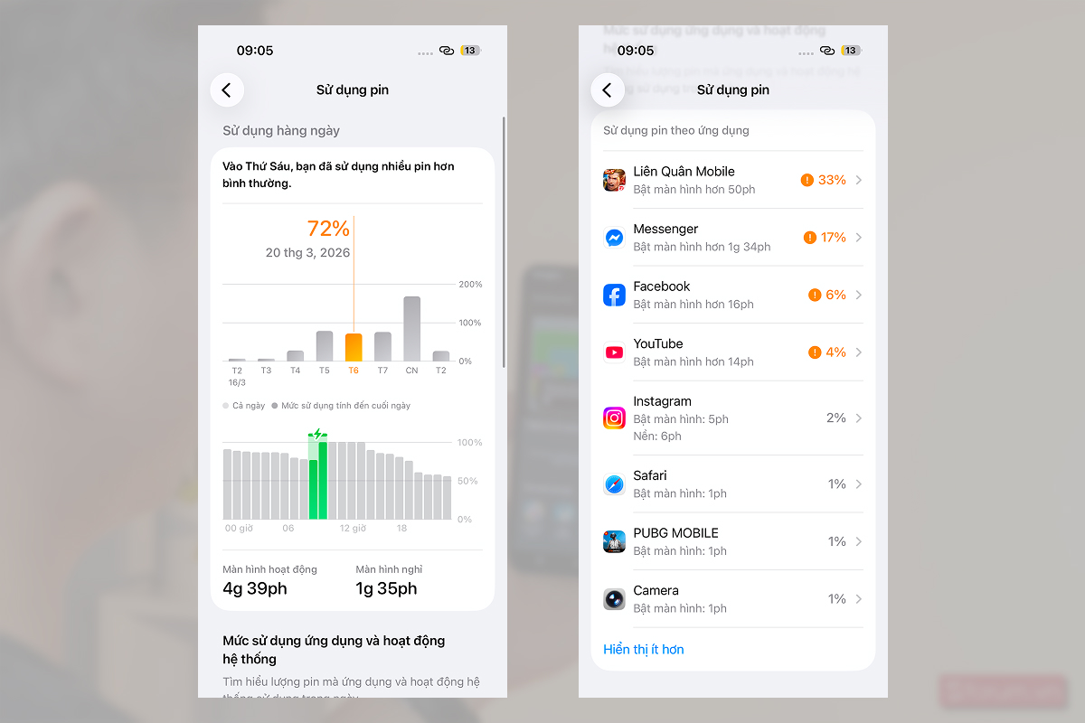 Thống kê mức sử dụng pin trên iPhone 17