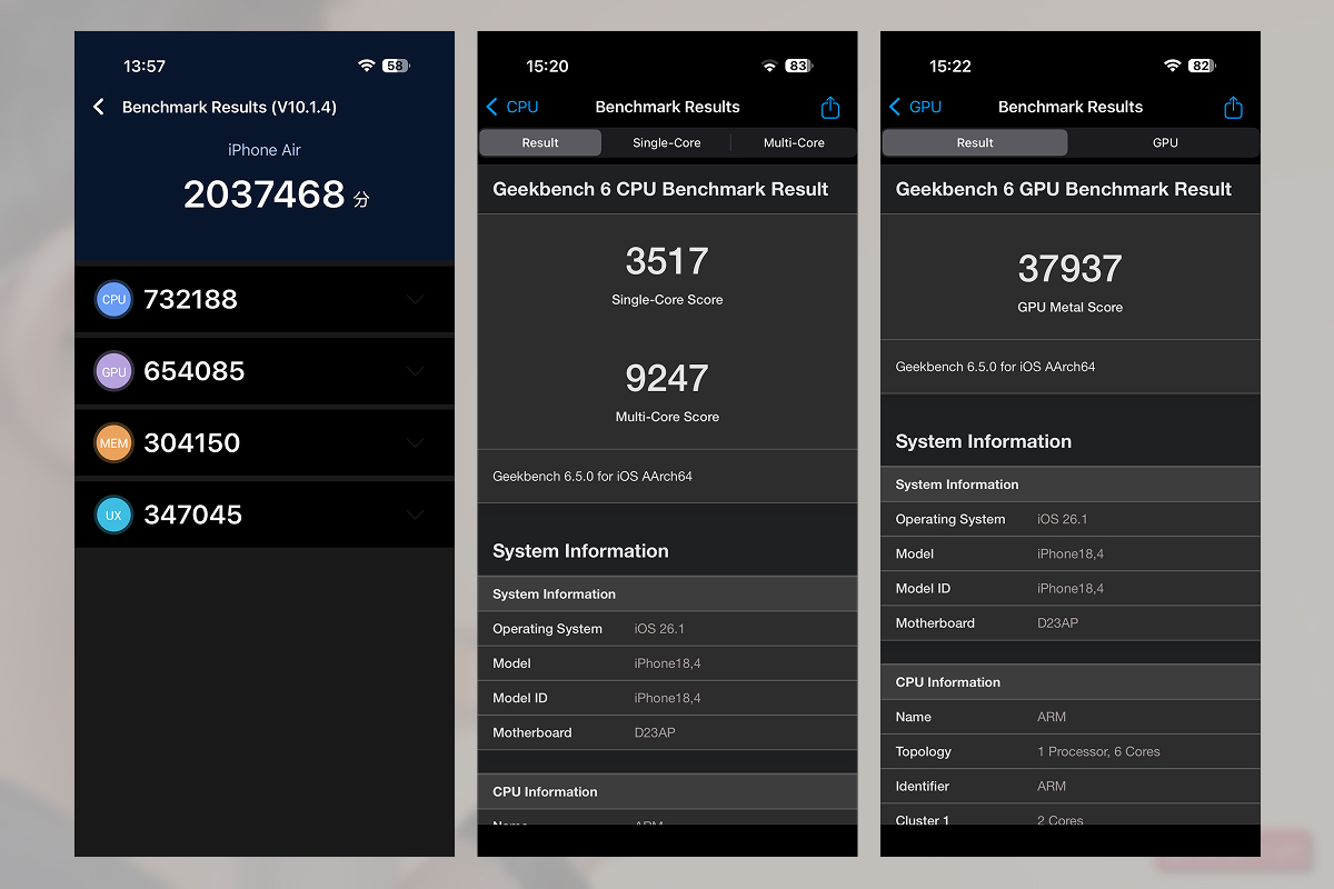 Điểm Antutu và Geekbench 6 trên iPhone Air