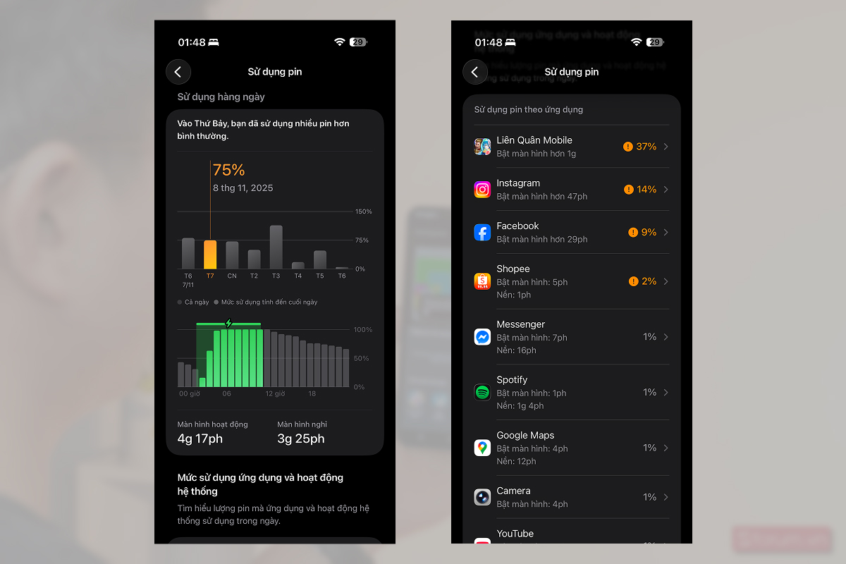 Thống kê thời lượng pin đã sử dụng trên iPhone Air