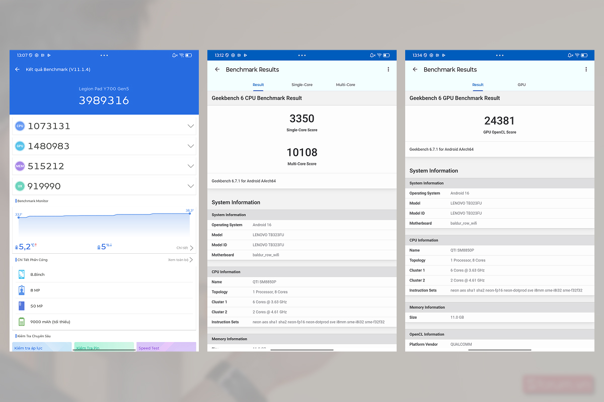 Điểm Antutu và Geekbench 6 của Lenovo Legion Tab Y700 Gen 5