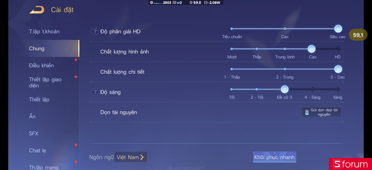 Setting game Liên Quân Mobile trên OPPO A6t Pro