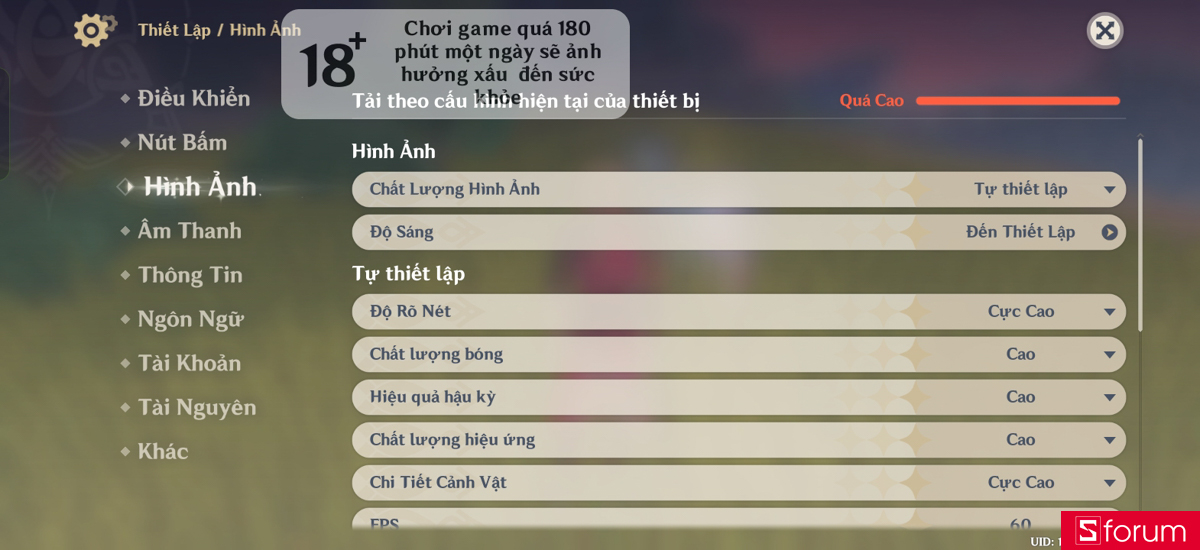 Setting game Genshin Impact trên OPPO A6t Pro