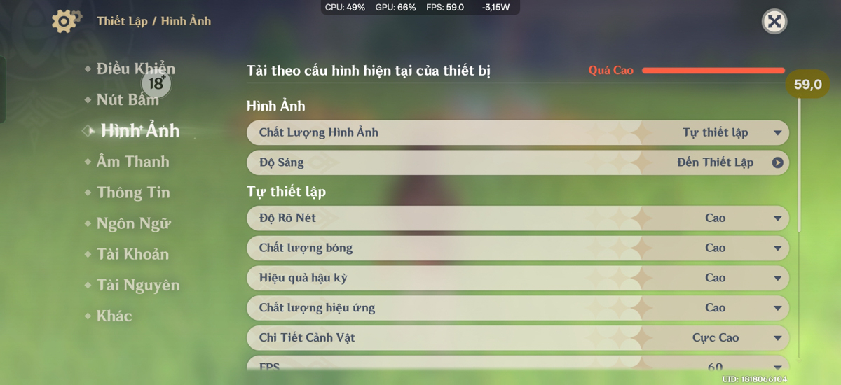 Mức cấu hình cho tựa game Genshin Impact trên OPPO A6t