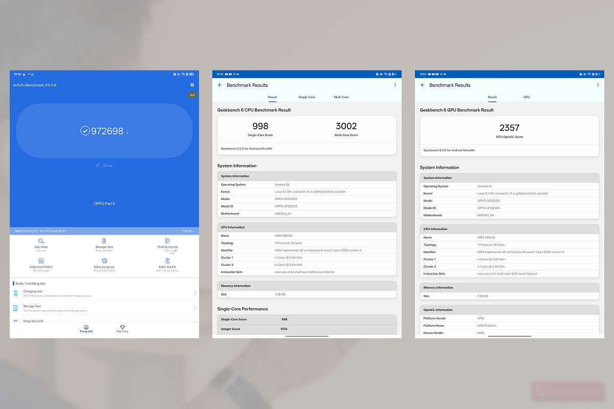 Điểm Antutu và Geekbench 6 chấm được trên OPPO Pad 5