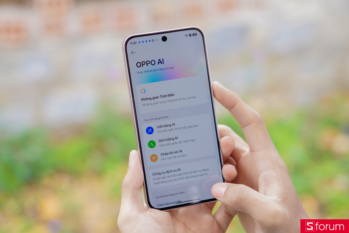 OPPO Reno15 F 5G vẫn được trang bị hàng loạt các tính năng từ bộ OPPO AI như không gian tinh thần, viết lời, chép lời AI, phân tích, dịch văn bản, công cụ tìm kiếm