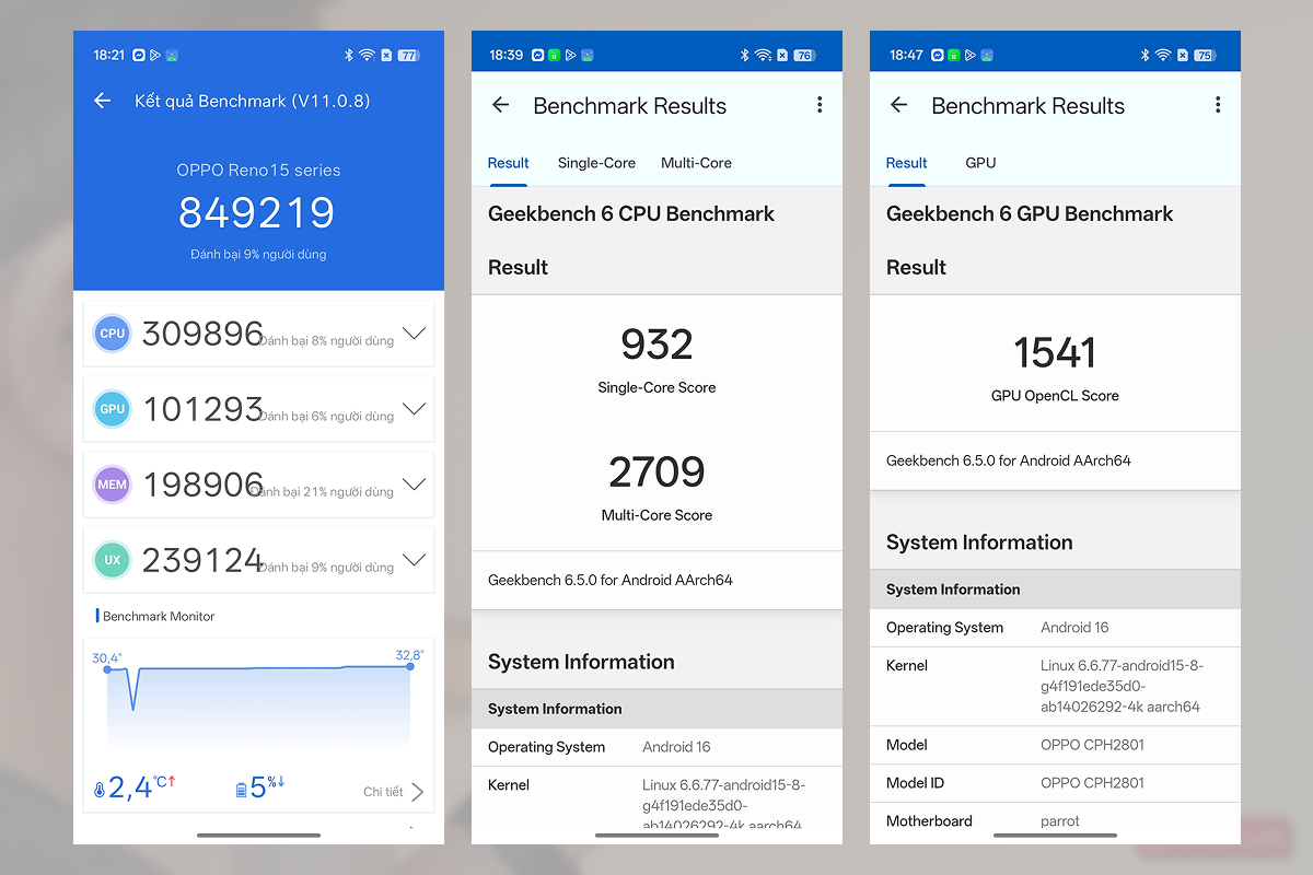 Điểm Antutu và Geekbench 6 trên OPPO Reno15 F 5G