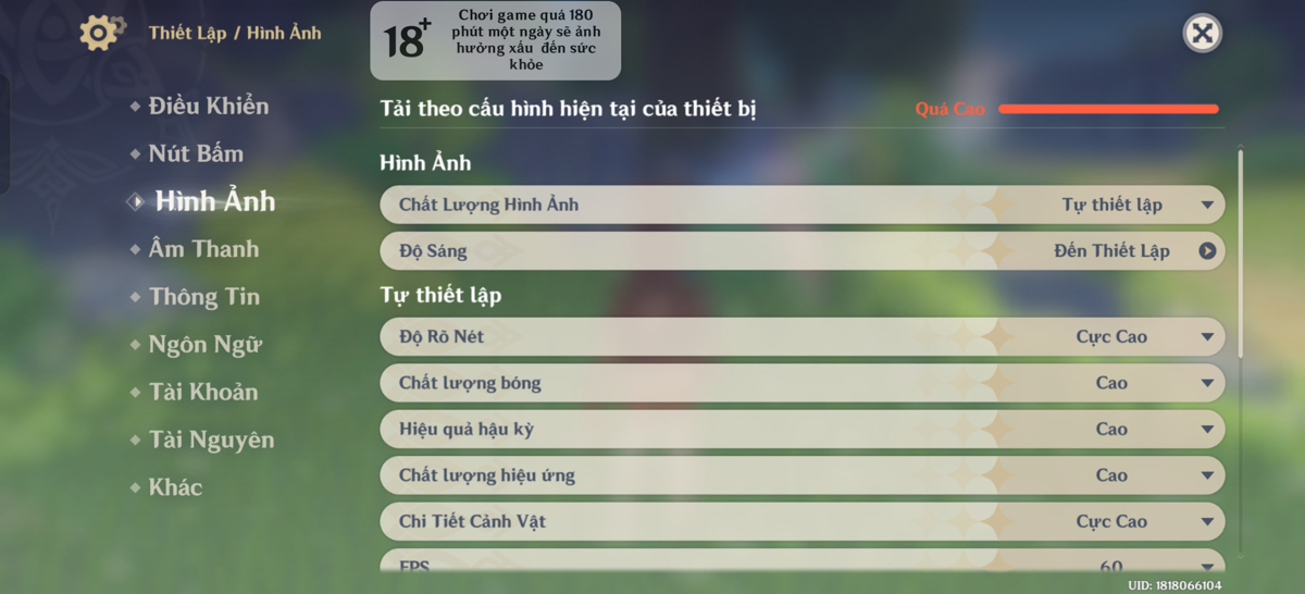 Cấu hình game Genshin Impact trên OPPO Reno15 F 5G