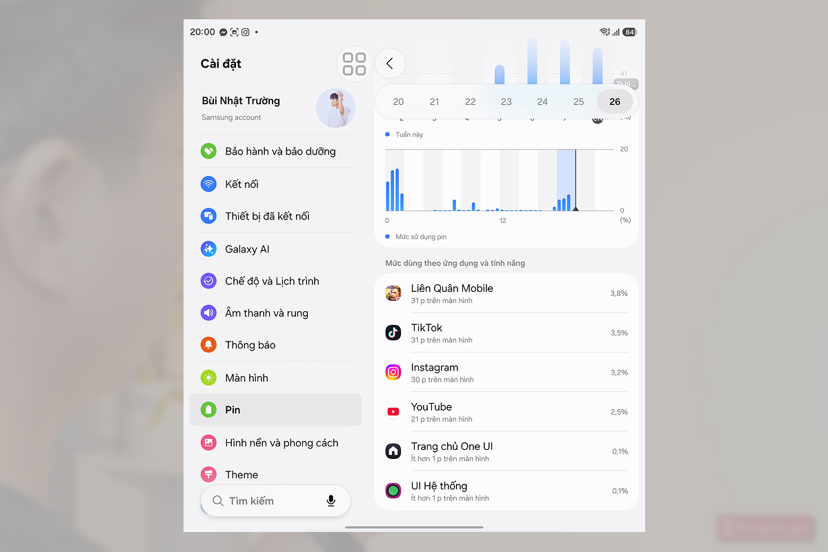 Đánh giá pin Samsung Galaxy Z Fold8 Ultra với Instagram trong 30 phút