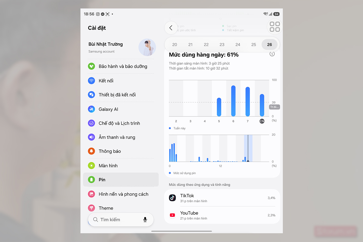 Đánh giá pin Samsung Galaxy Z Fold8 Ultra với TikTok trong 30 phút