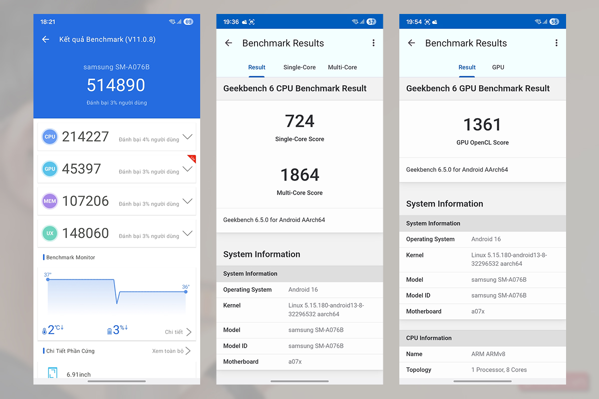 Điểm Antutu và Geekbench 6 trên Samsung Galaxy A07 5G