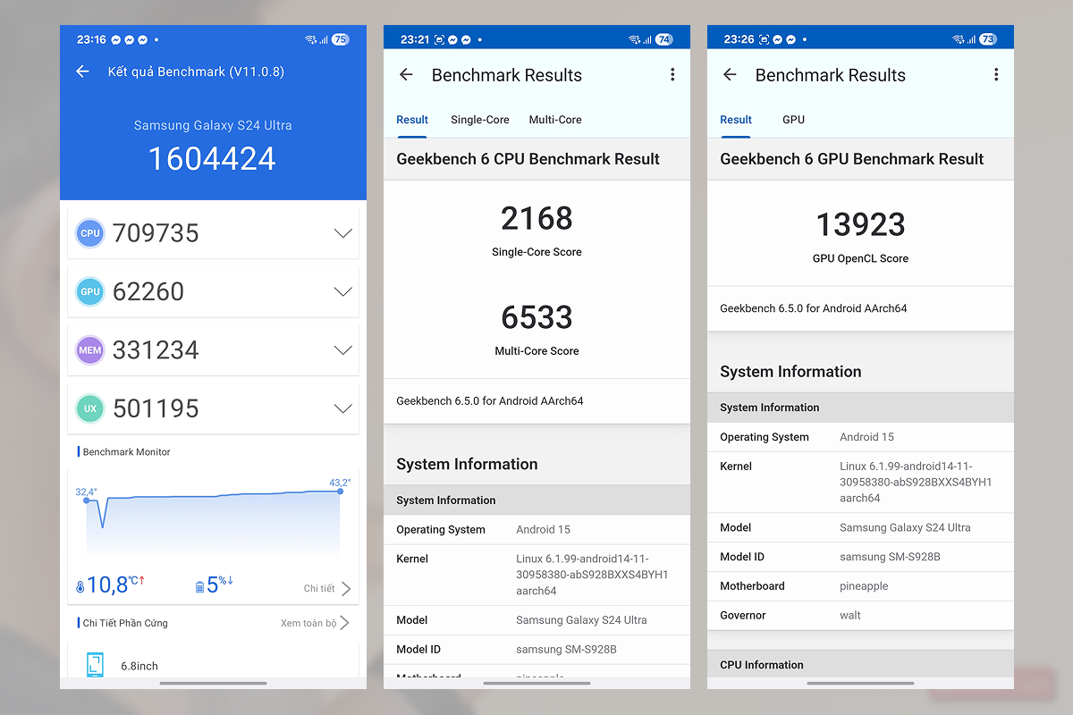 Điểm Antutu và Geekbench 6 trên Samsung Galaxy S24 Ultra