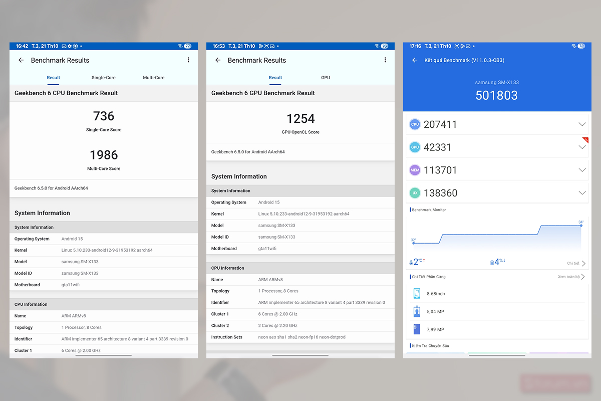 Điểm Antutu Benchmark và Geekbench 6 trên Samsung Galaxy Tab A11
