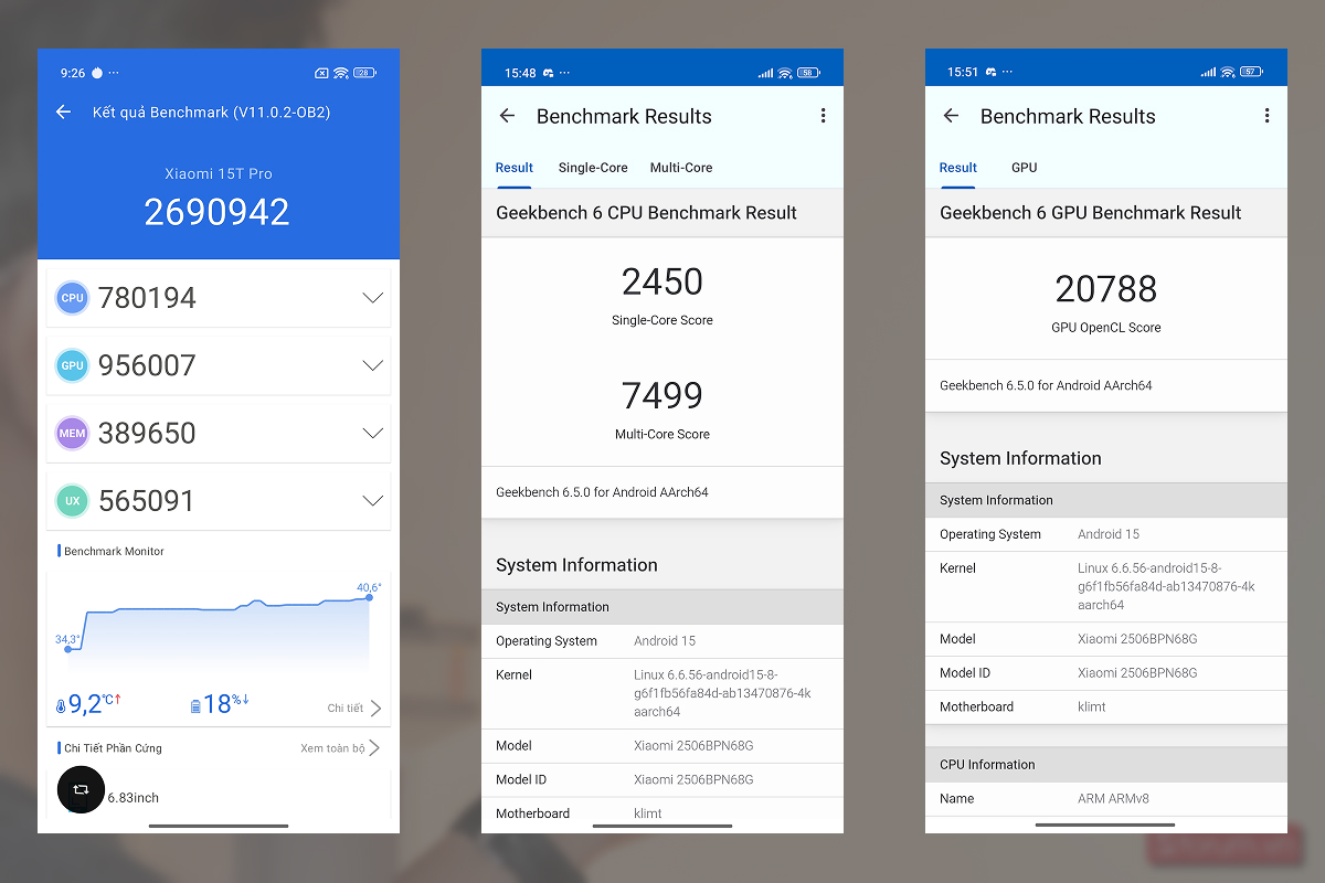 Điểm số Antutu và Geekbench 6 trên Xiaomi 15T Pro
